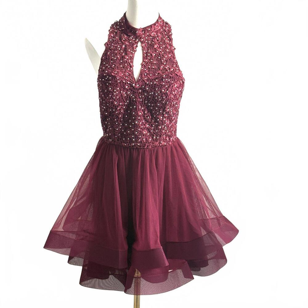 Jodi Kristopher | Maroon High Neck Open Back Rhinestone Short Prom Dress‎ Size 7
